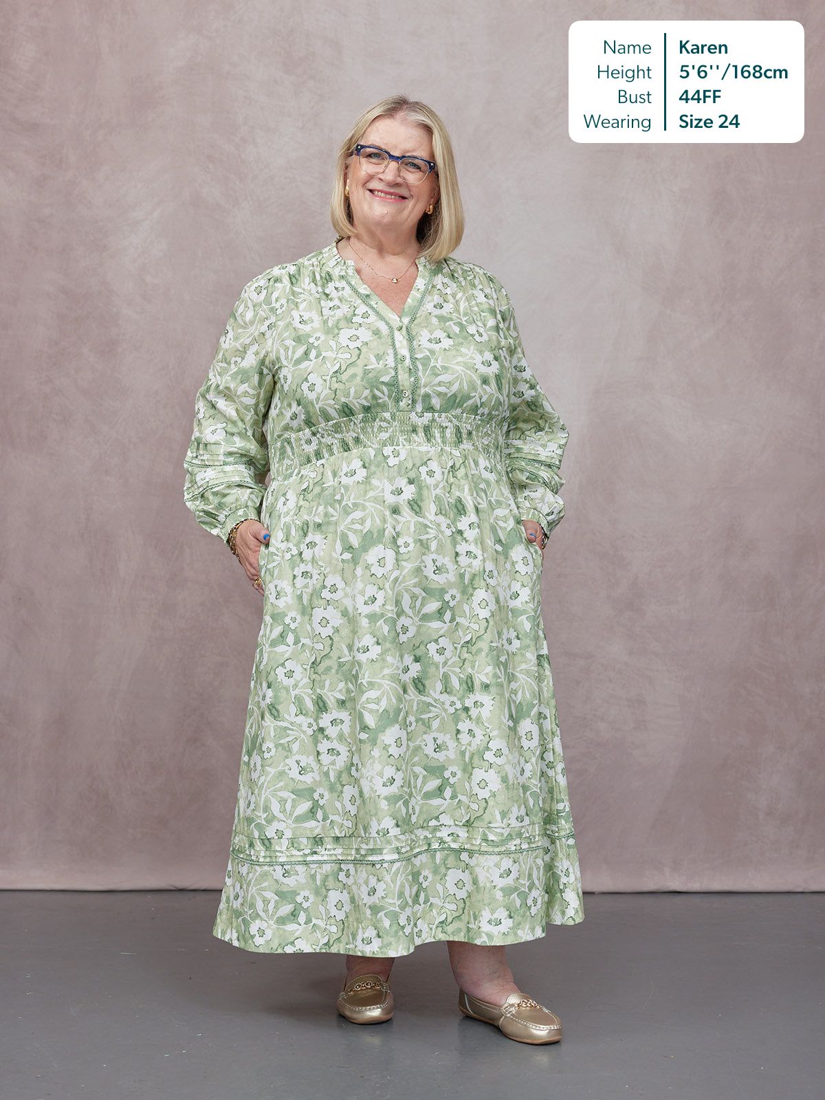 May Long Sleeve Shirred Neckline Dress - Green & White Watercolour Floral Print