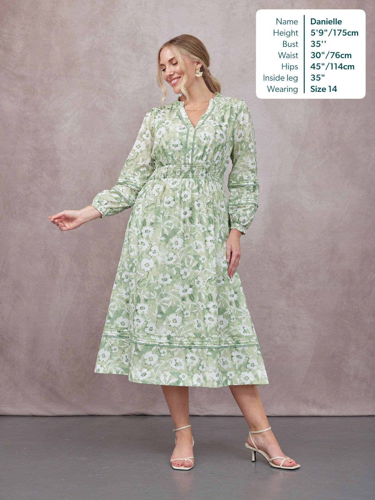 May Long Sleeve Shirred Neckline Dress - Green & White Watercolour Floral Print