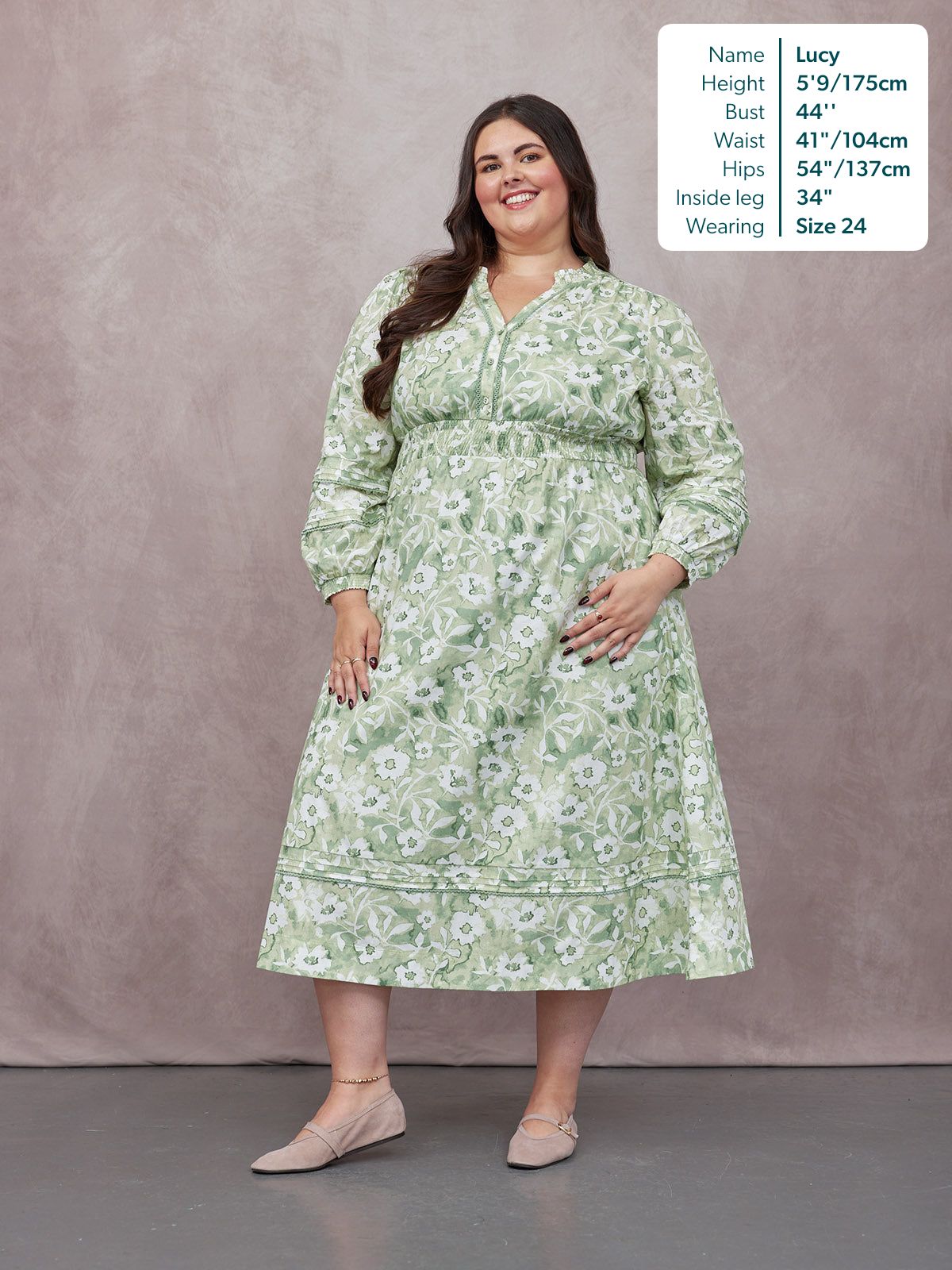 May Long Sleeve Shirred Neckline Dress - Green & White Watercolour Floral Print