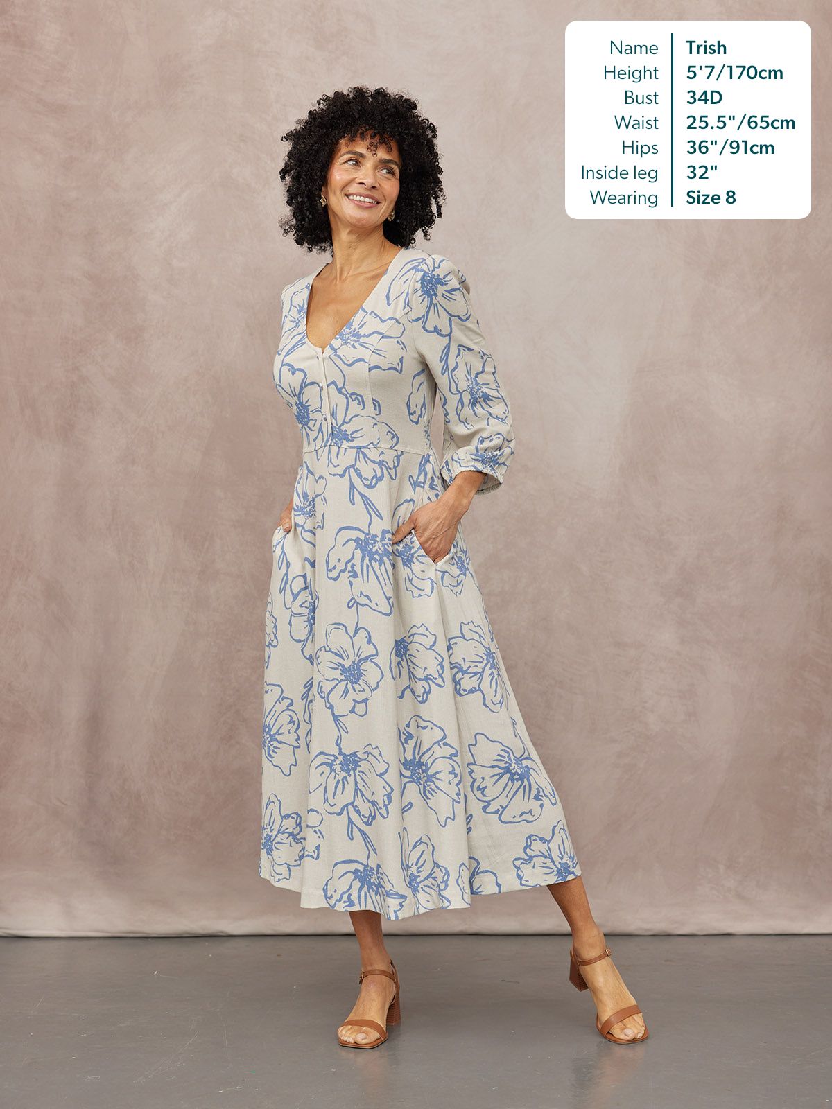 Hilary Printed Linen Mix Dress - Blue Floral