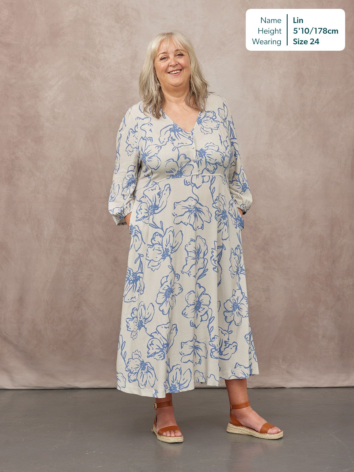 Hilary Printed Linen Mix Dress - Blue Floral