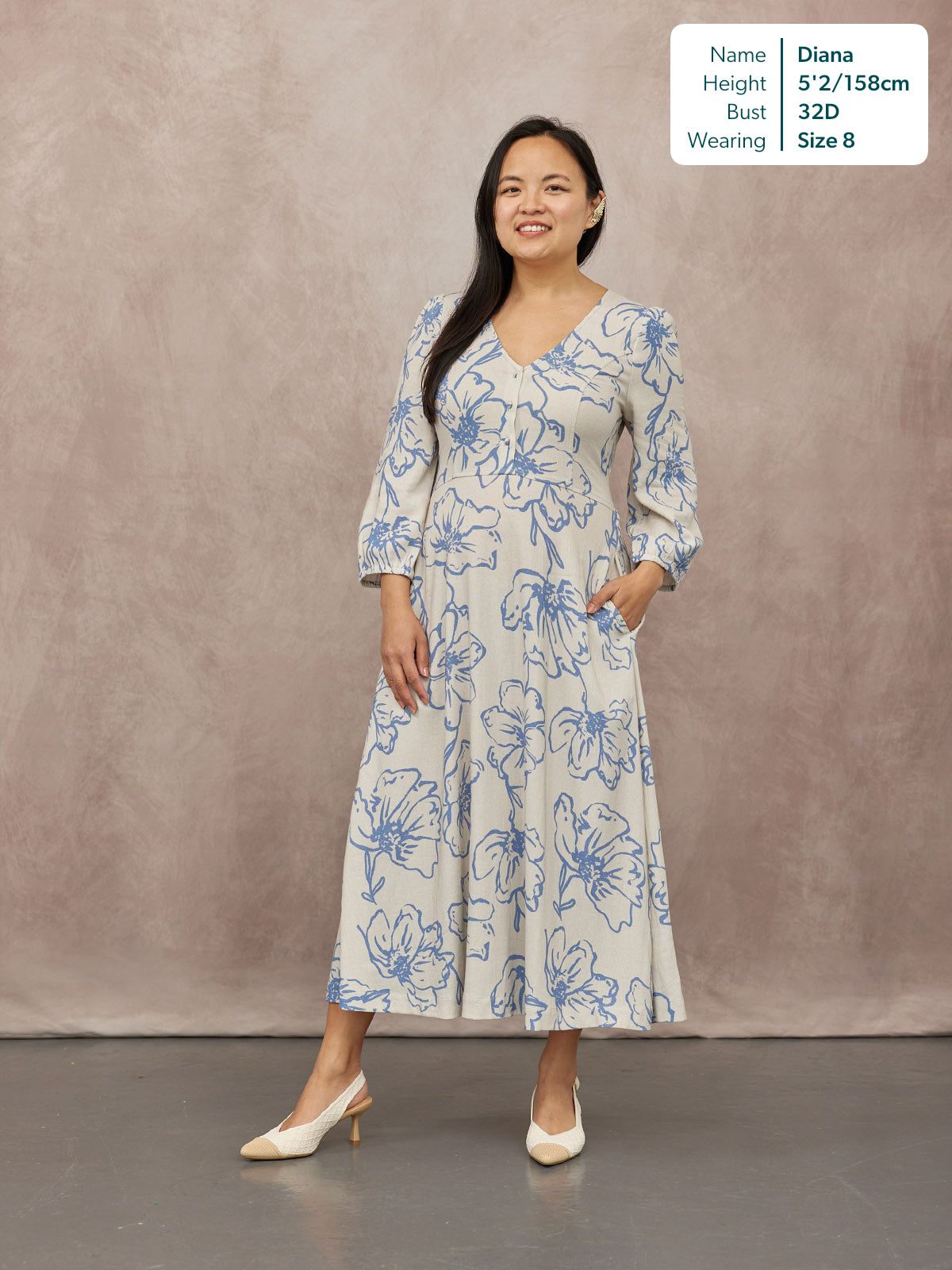 Hilary Printed Linen Mix Dress - Blue Floral