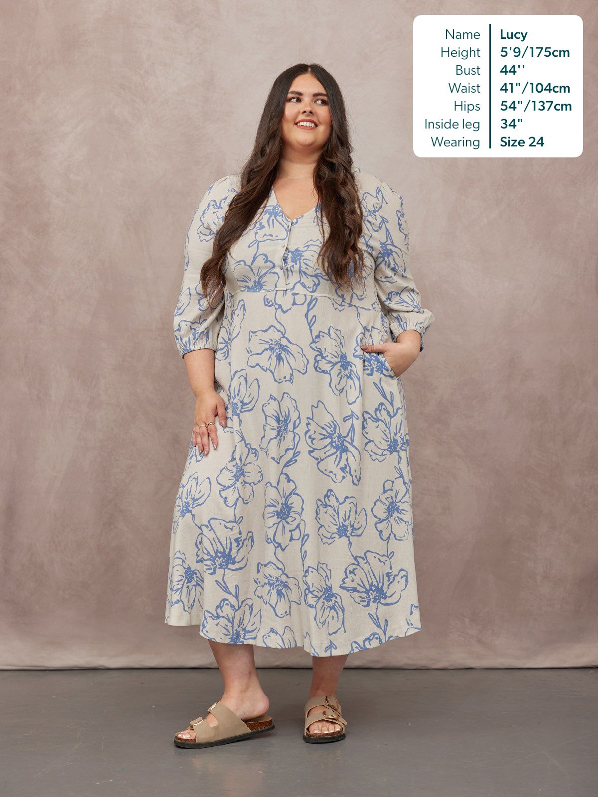 Hilary Printed Linen Mix Dress - Blue Floral