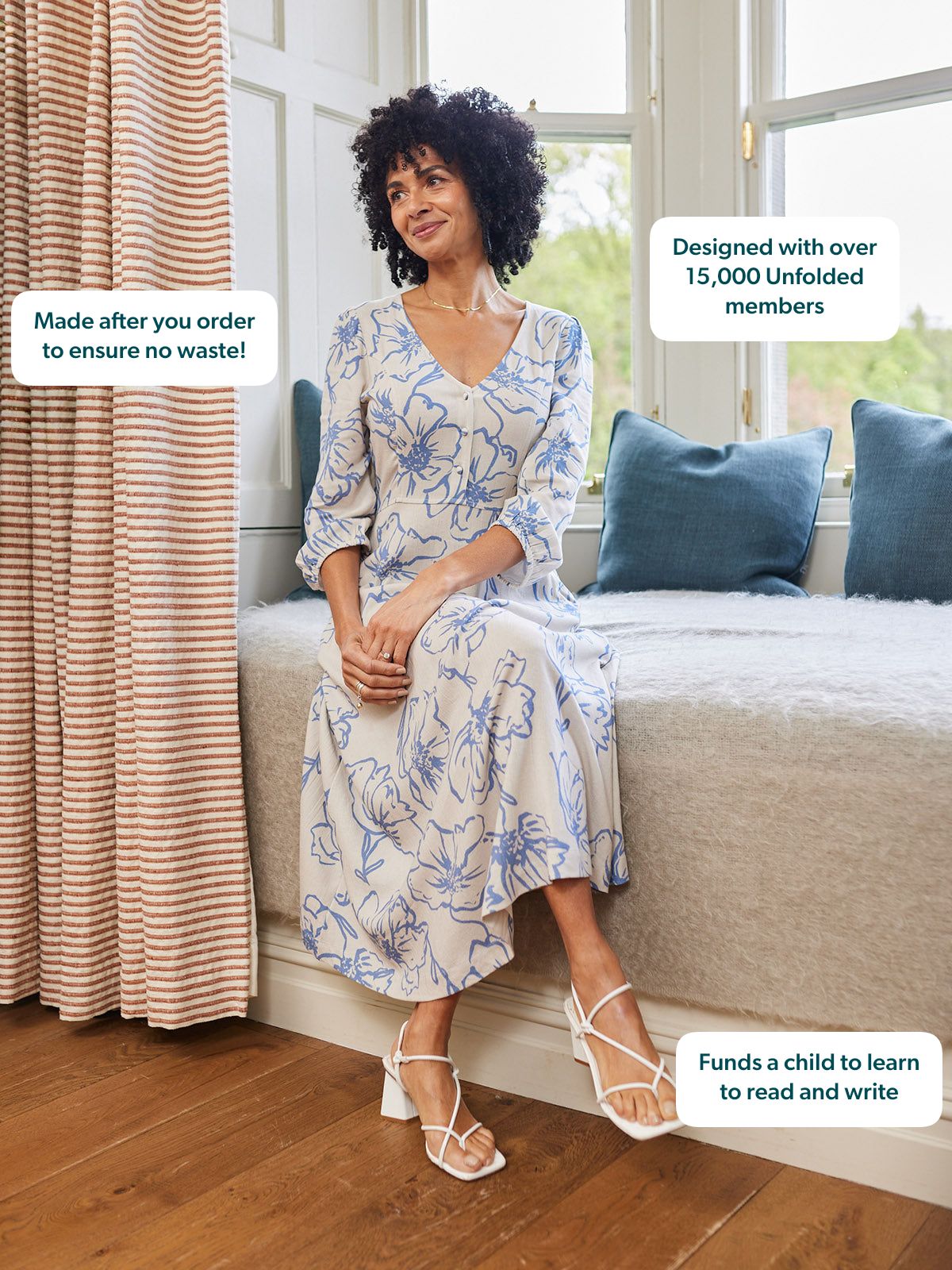 Hilary Printed Linen Mix Dress - Blue Floral