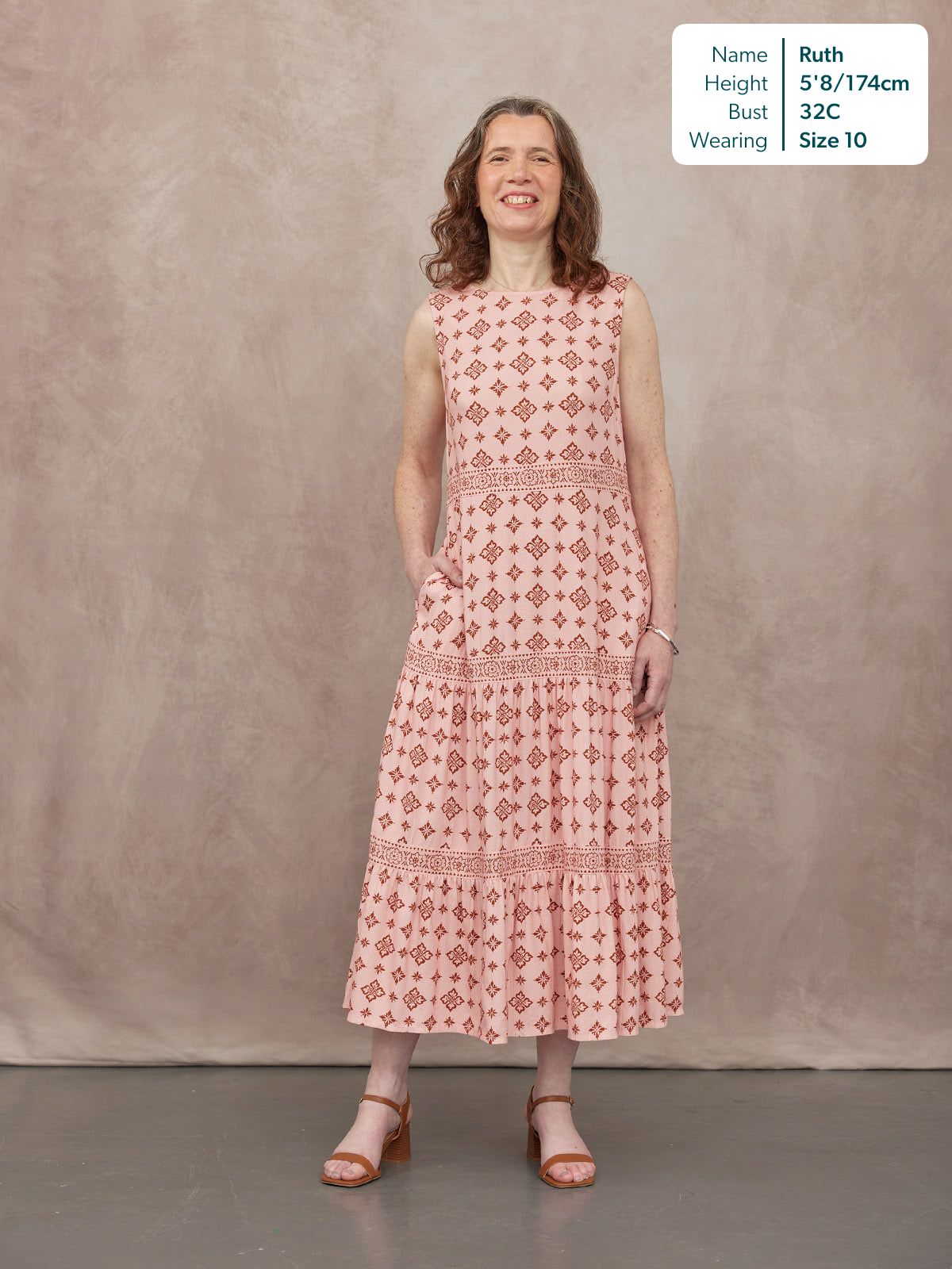 Marie Sleeveless Tiered Dress - Pink & Rust Print