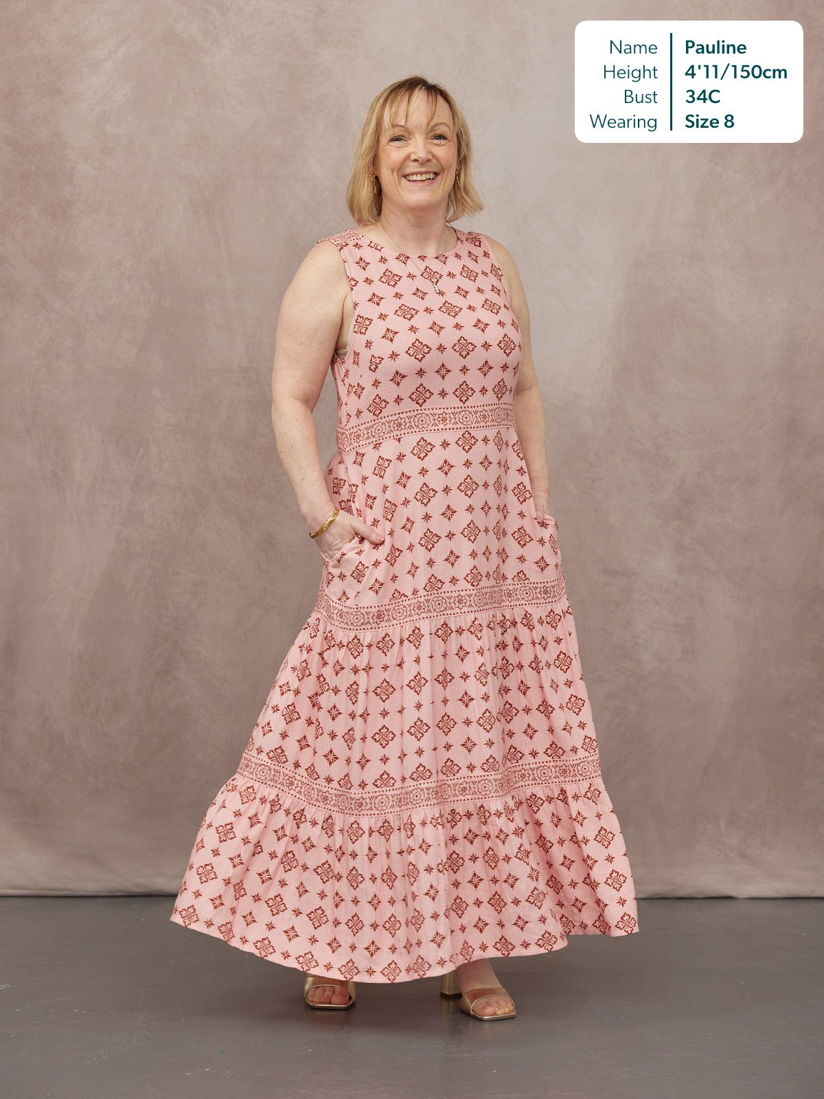Marie Sleeveless Tiered Dress - Pink & Rust Print