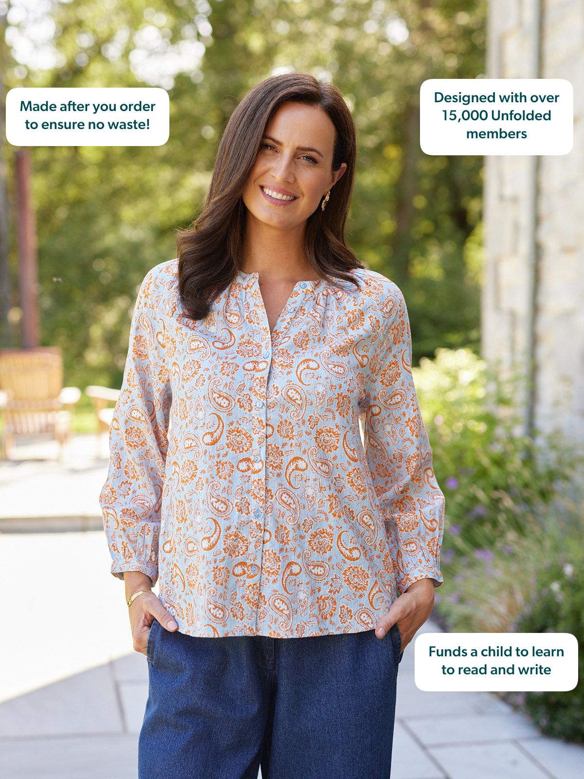 Niya Button-Through Blouse - Light Blue & Orange Paisley Print