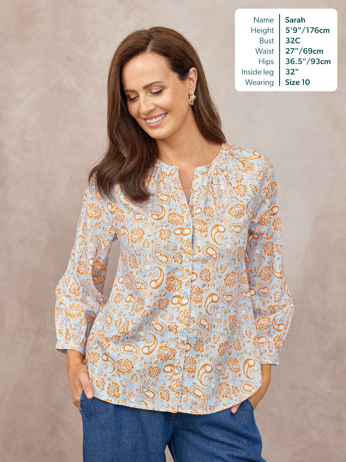 Niya Button-Through Blouse - Light Blue & Orange Paisley Print