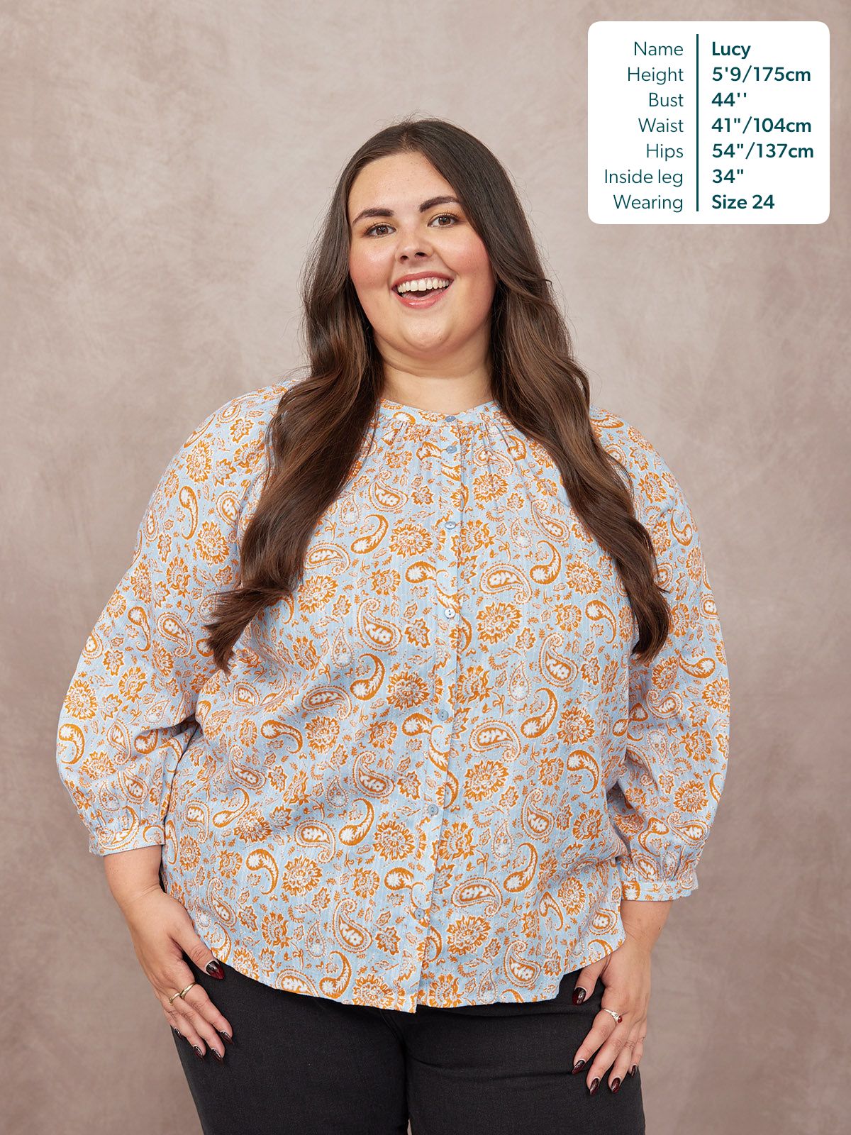 Niya Button-Through Blouse - Light Blue & Orange Paisley Print