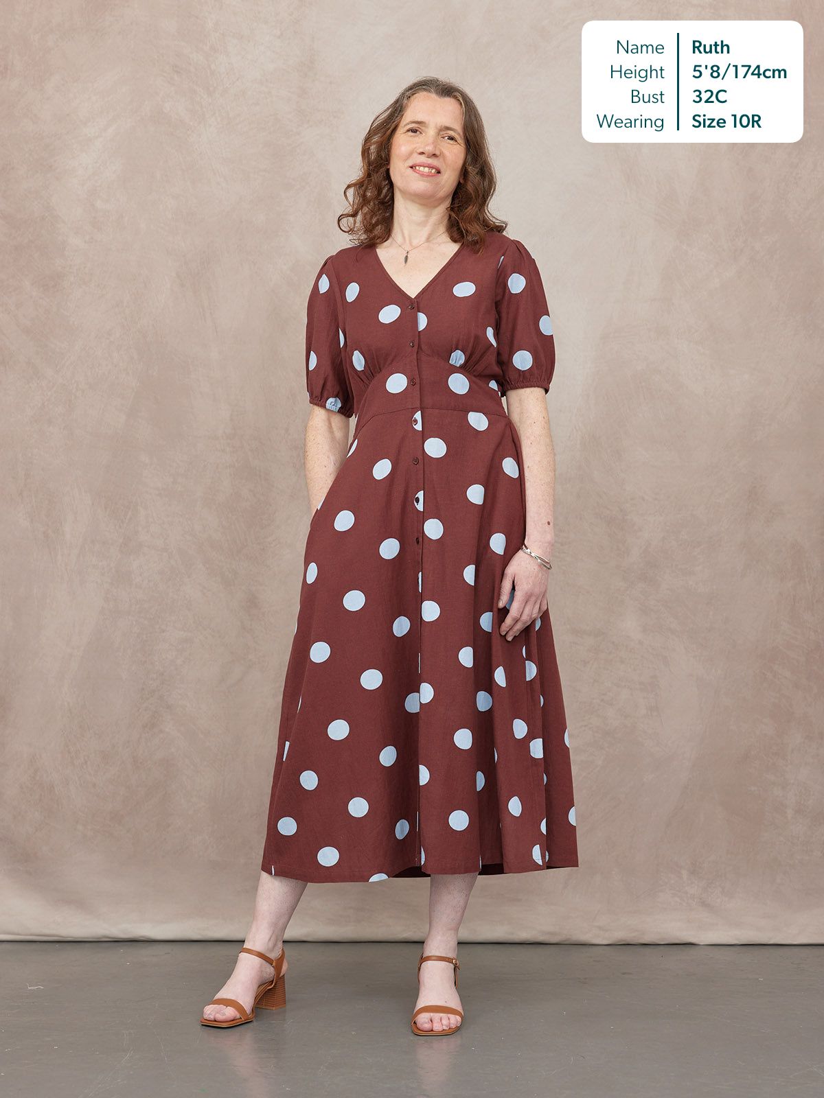 Rodica Puff Sleeve Dress - Brown & Blue Polka Dot