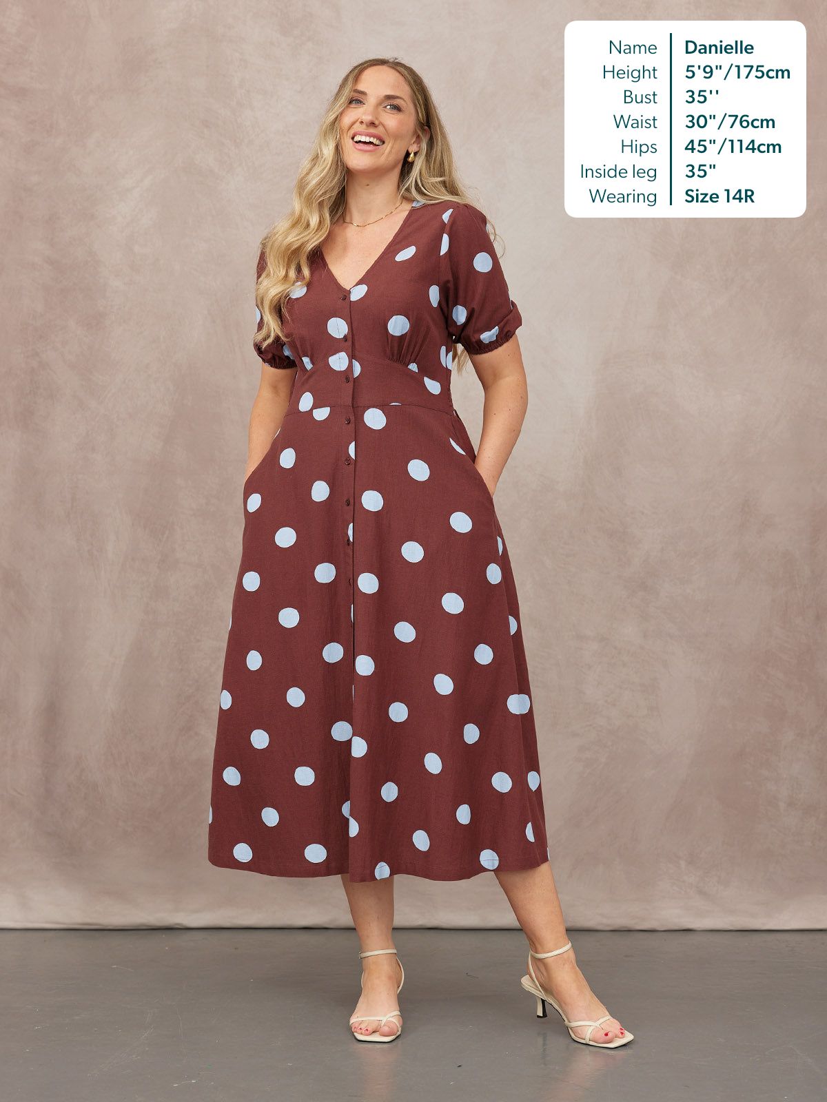 Rodica Puff Sleeve Dress - Brown & Blue Polka Dot