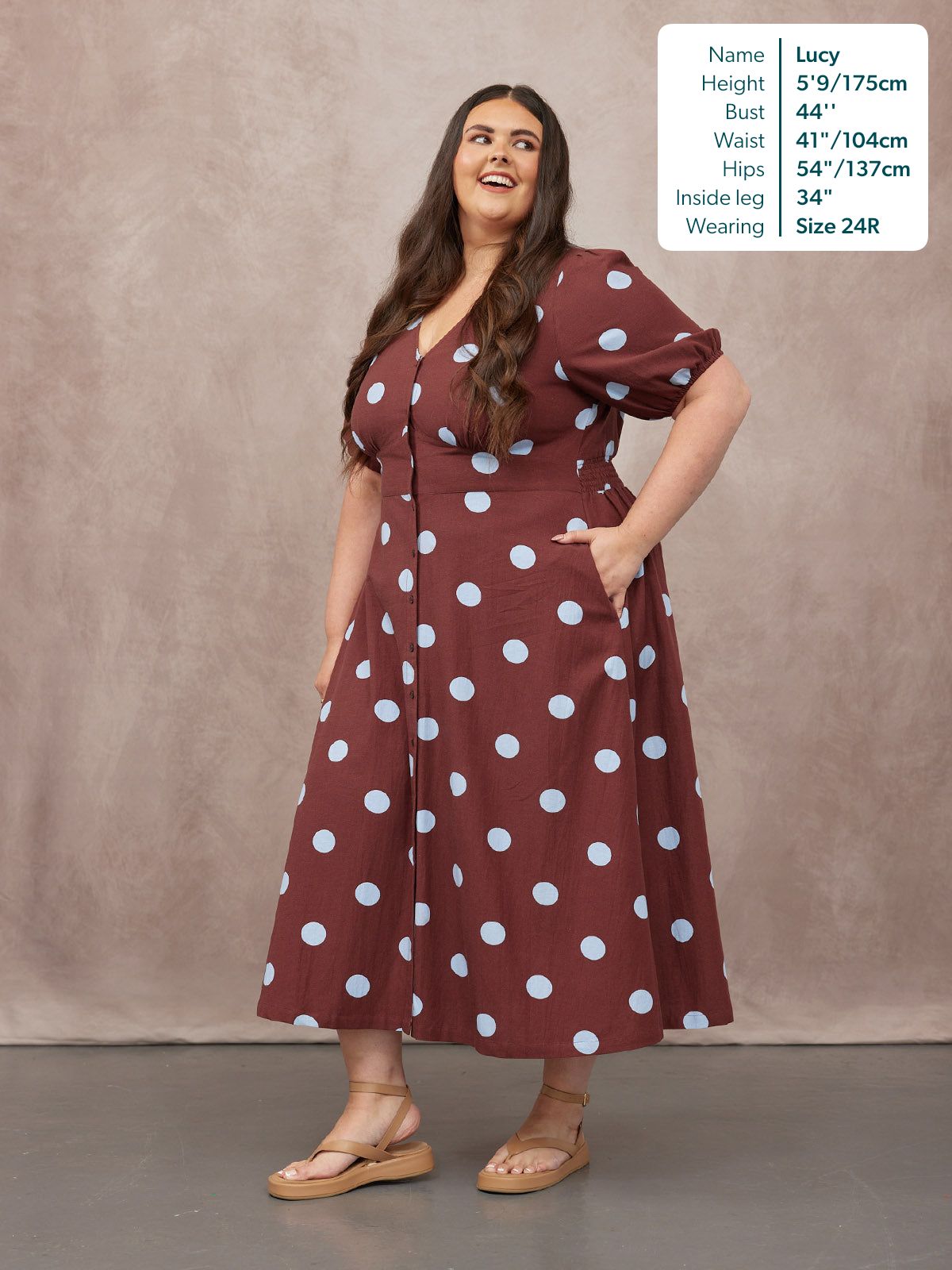 Rodica Puff Sleeve Dress - Brown & Blue Polka Dot