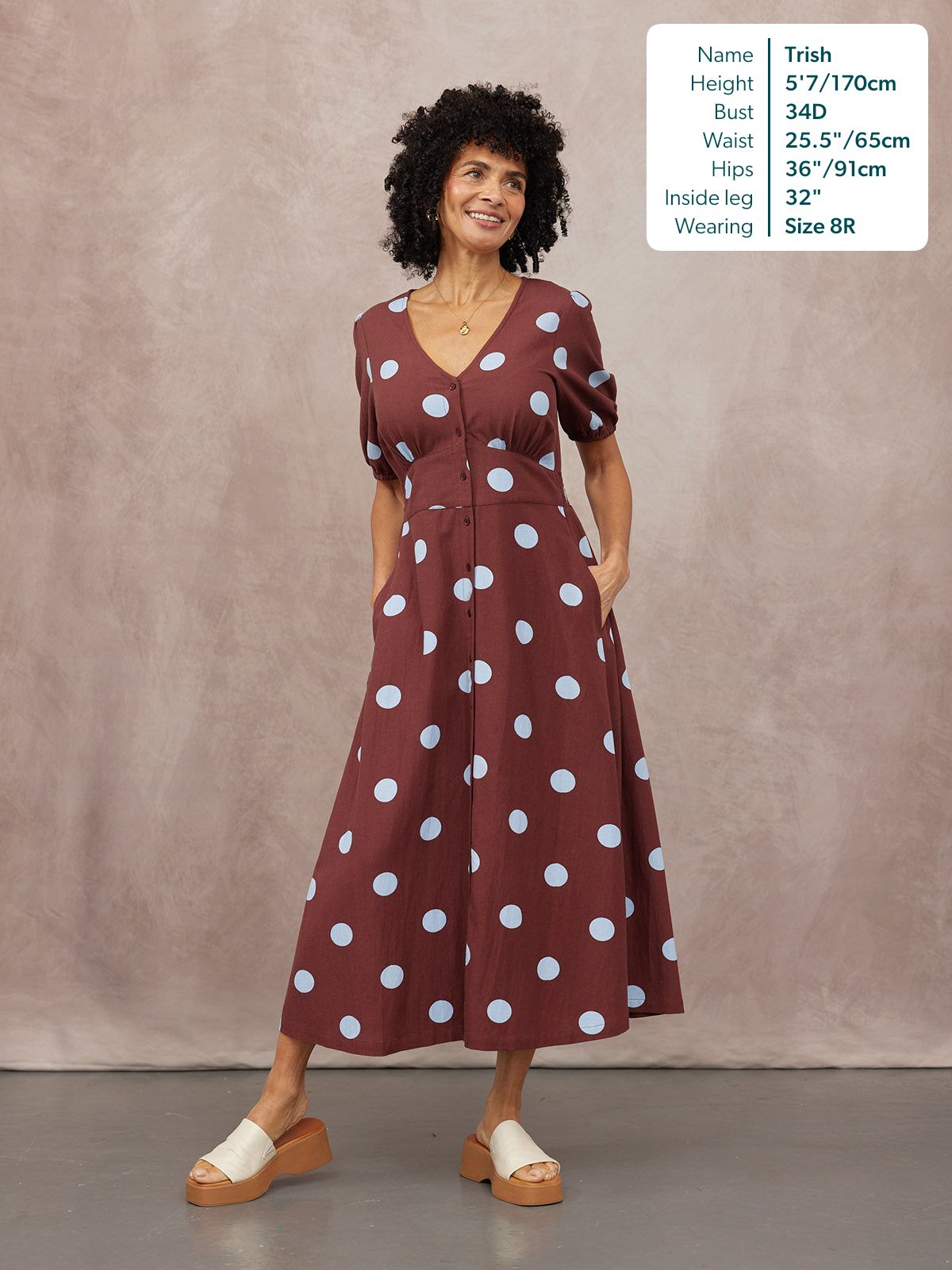 Rodica Puff Sleeve Dress - Brown & Blue Polka Dot