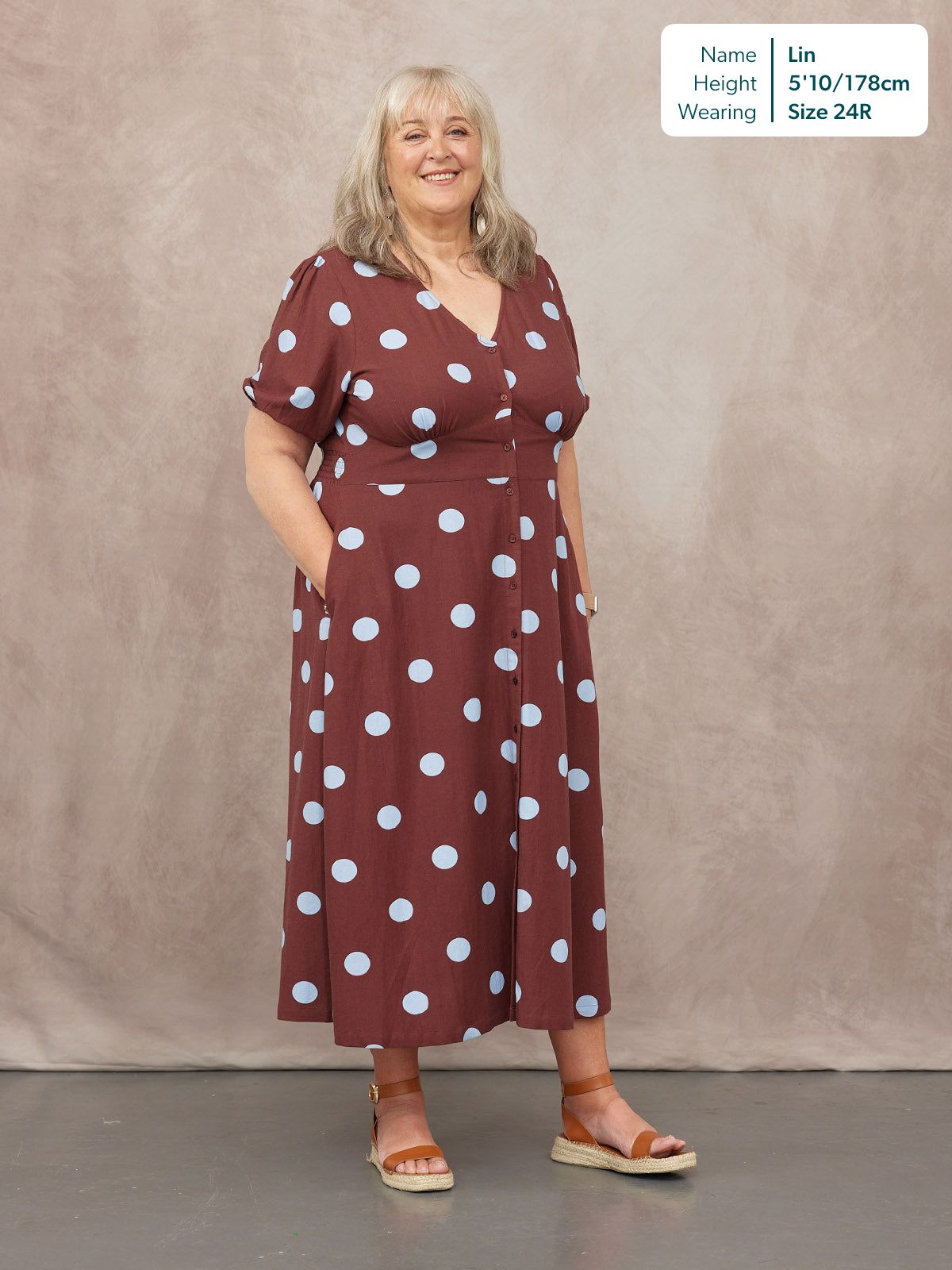 Rodica Puff Sleeve Dress - Brown & Blue Polka Dot