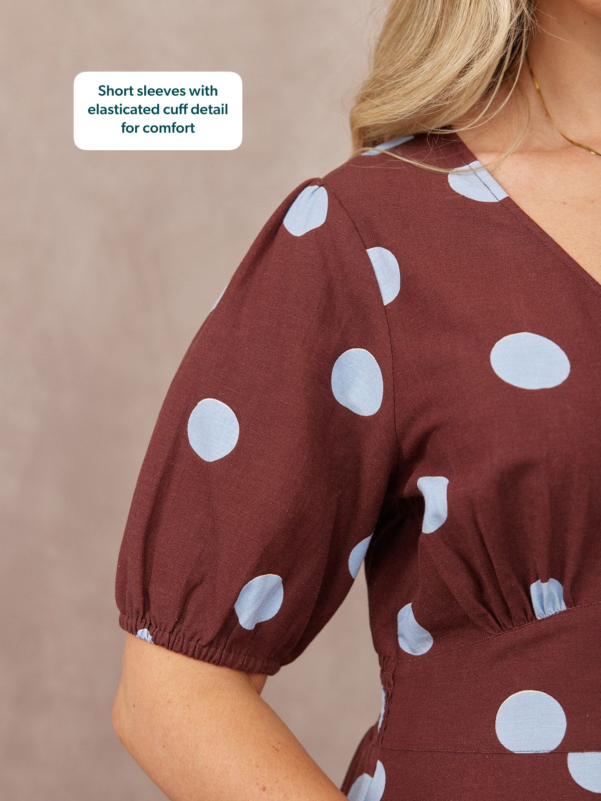 Rodica Puff Sleeve Dress - Brown & Blue Polka Dot
