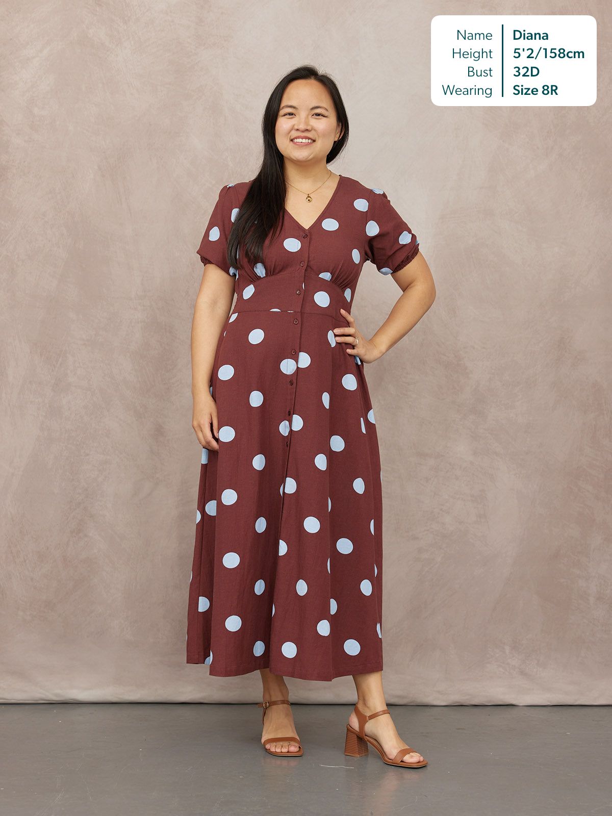 Rodica Puff Sleeve Dress - Brown & Blue Polka Dot