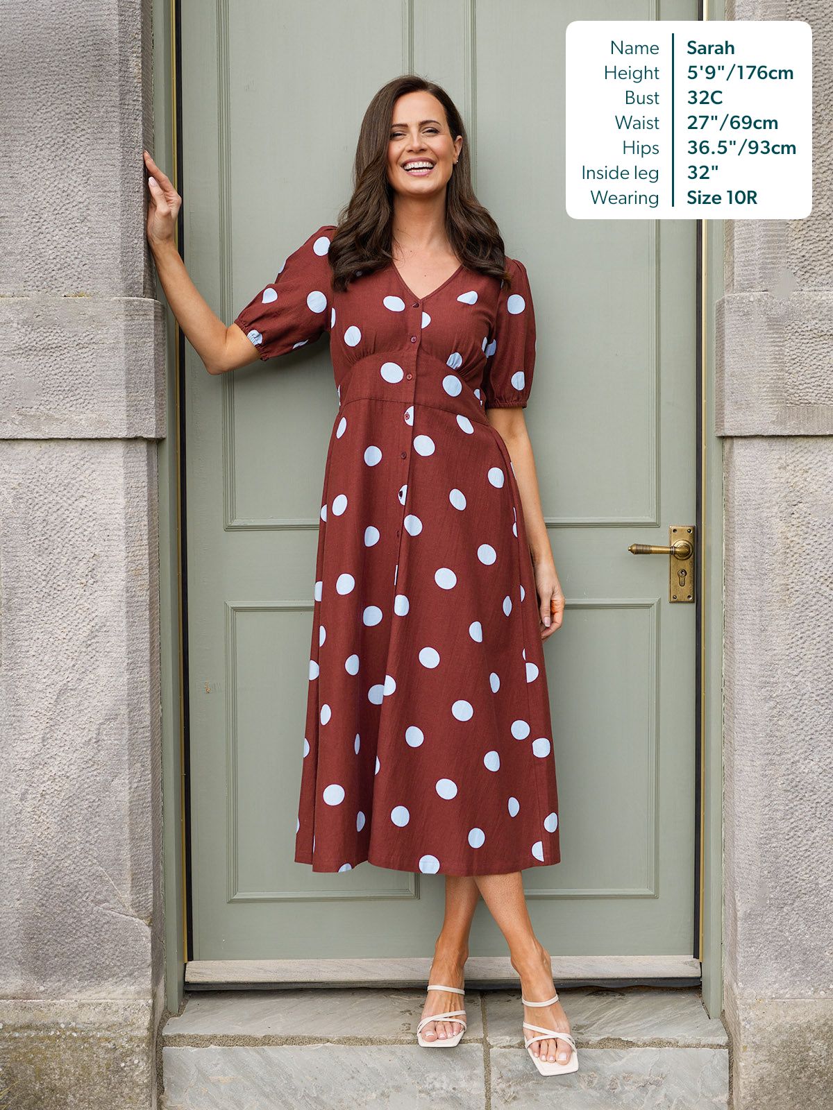 Rodica Puff Sleeve Dress - Brown & Blue Polka Dot
