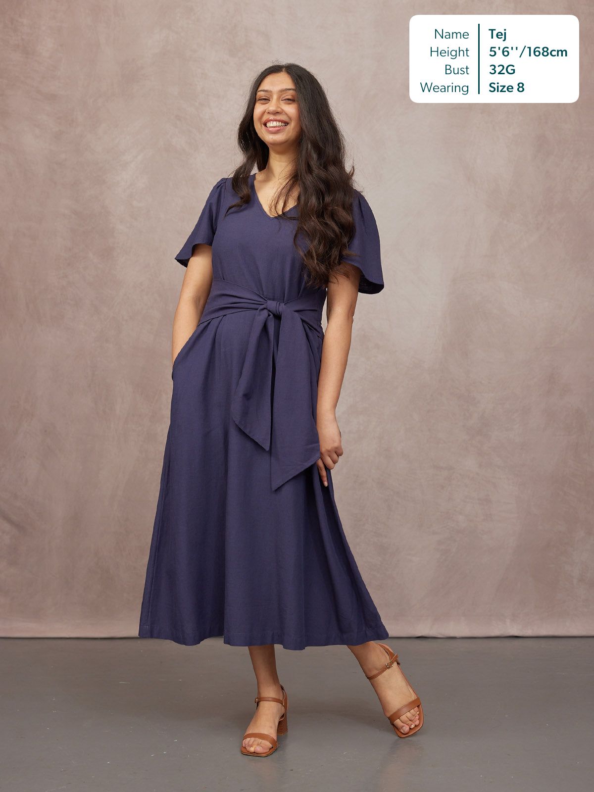 Ruth Angel Sleeve Tie Waist Dress - Navy