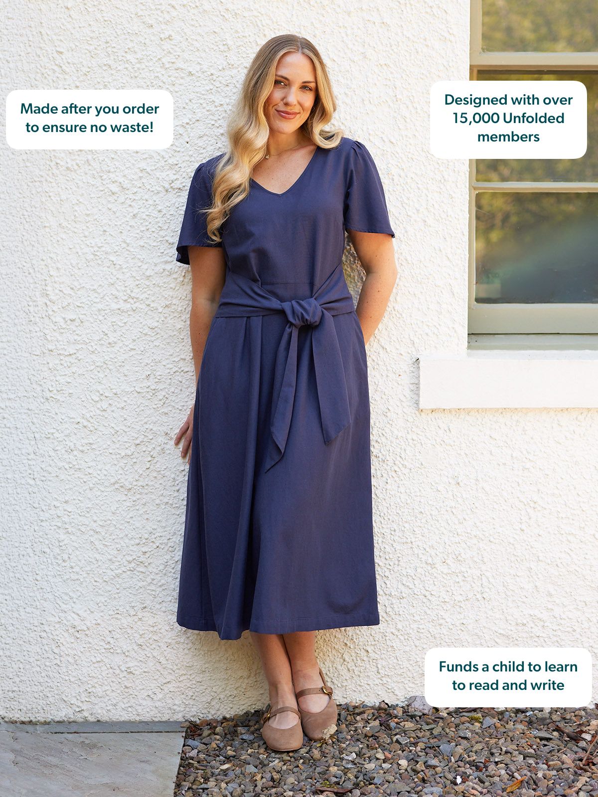 Ruth Angel Sleeve Tie Waist Dress - Navy