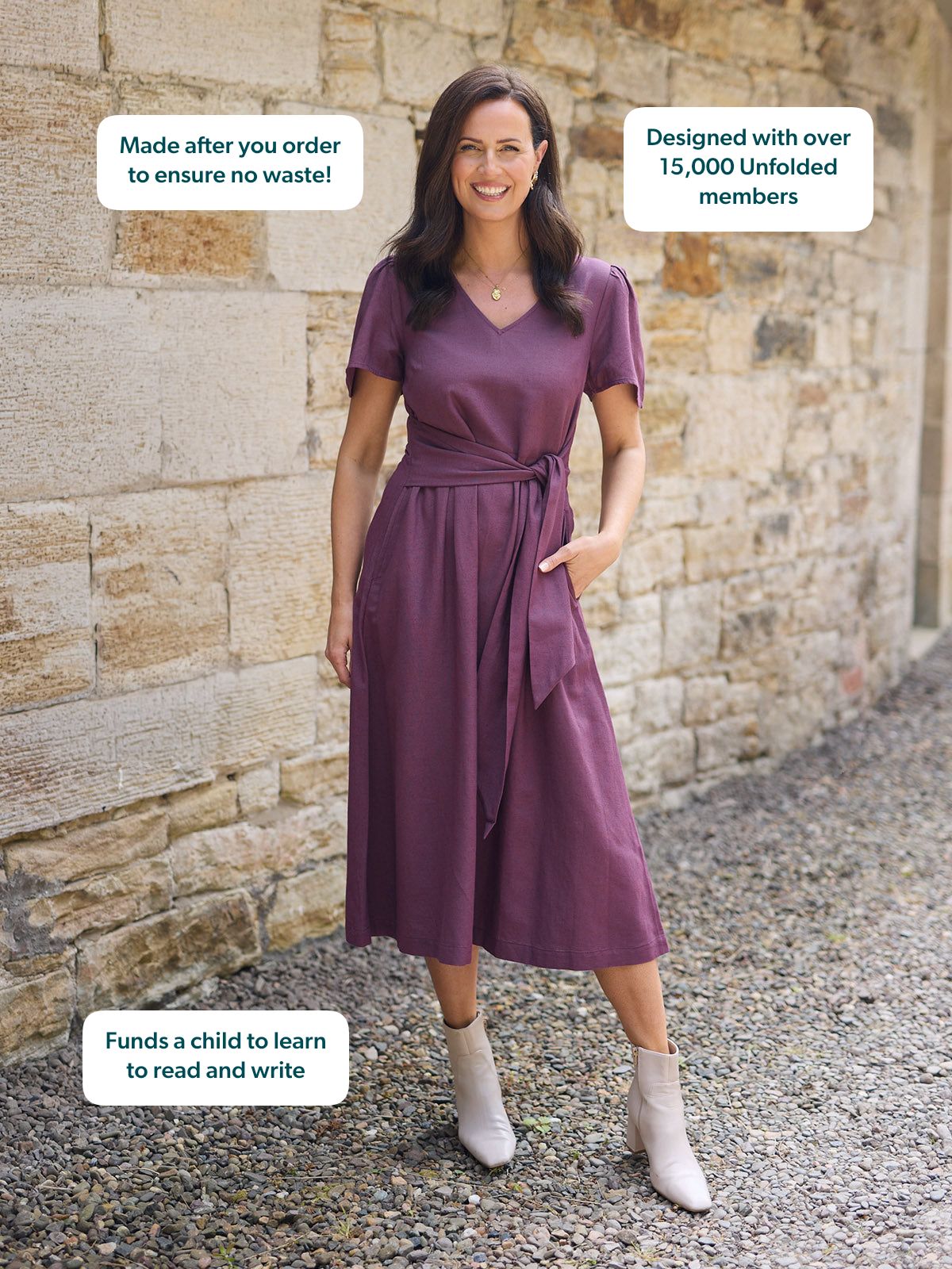 Ruth Angel Sleeve Tie Waist Dress - Plum