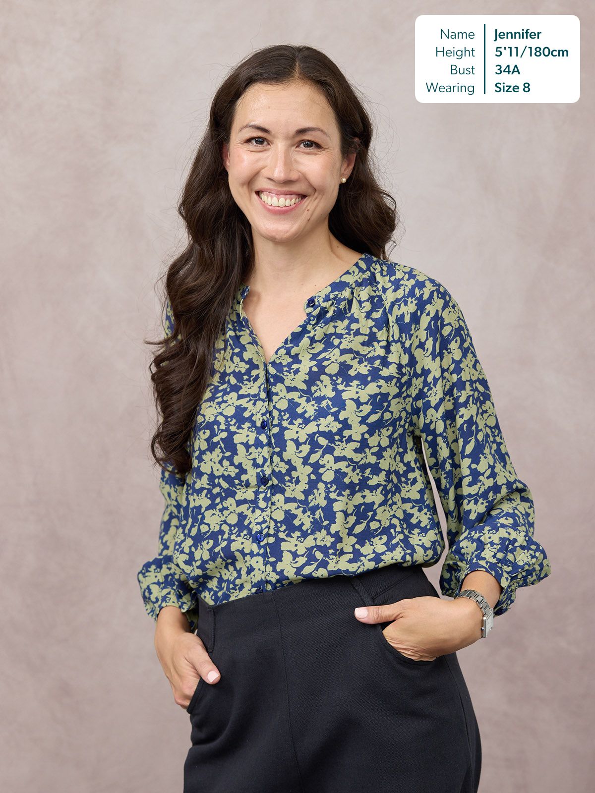 Niya Button Through Blouse - Navy & Green Leaf Print