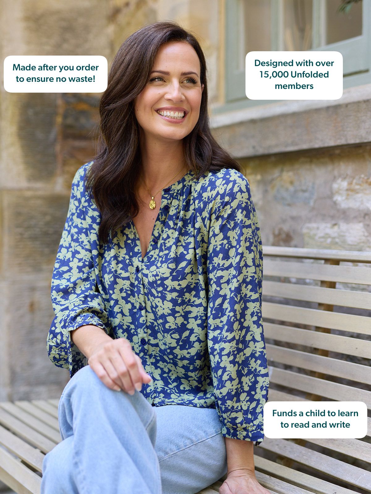 Niya Button Through Blouse - Navy & Green Leaf Print