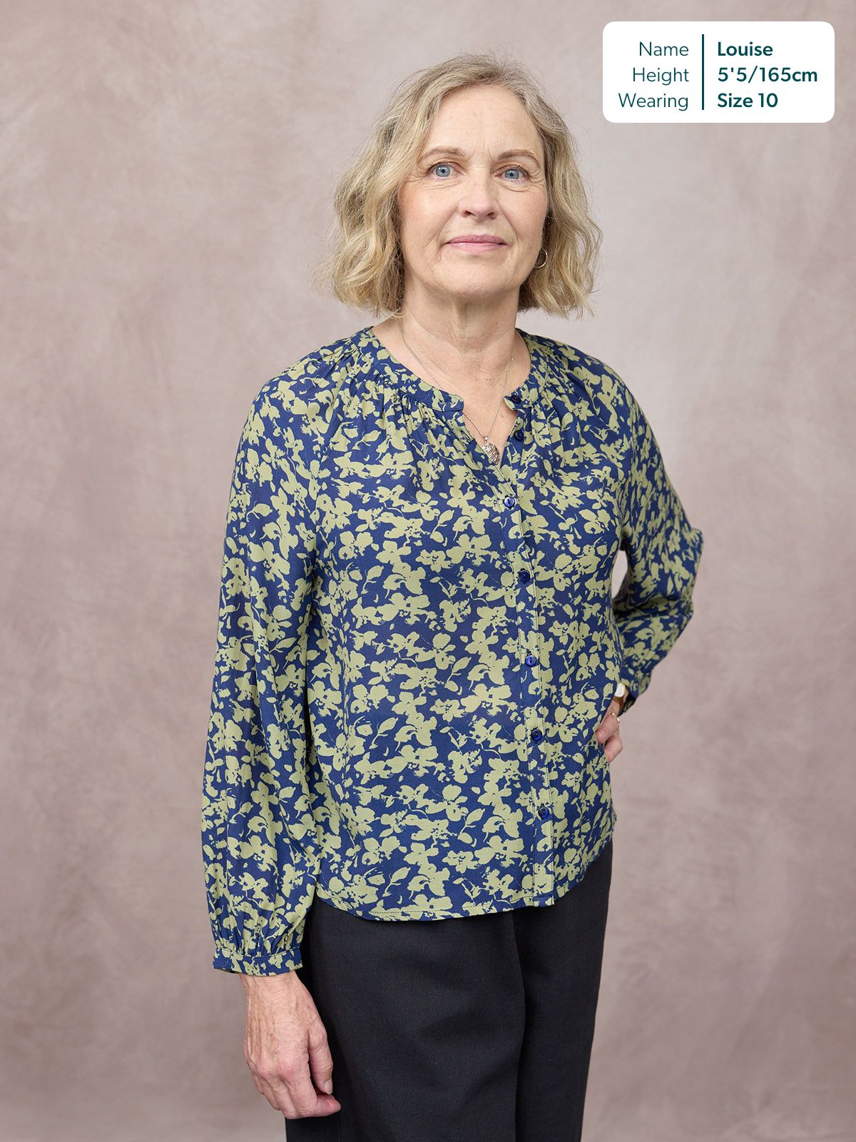 Niya Button Through Blouse - Navy & Green Leaf Print