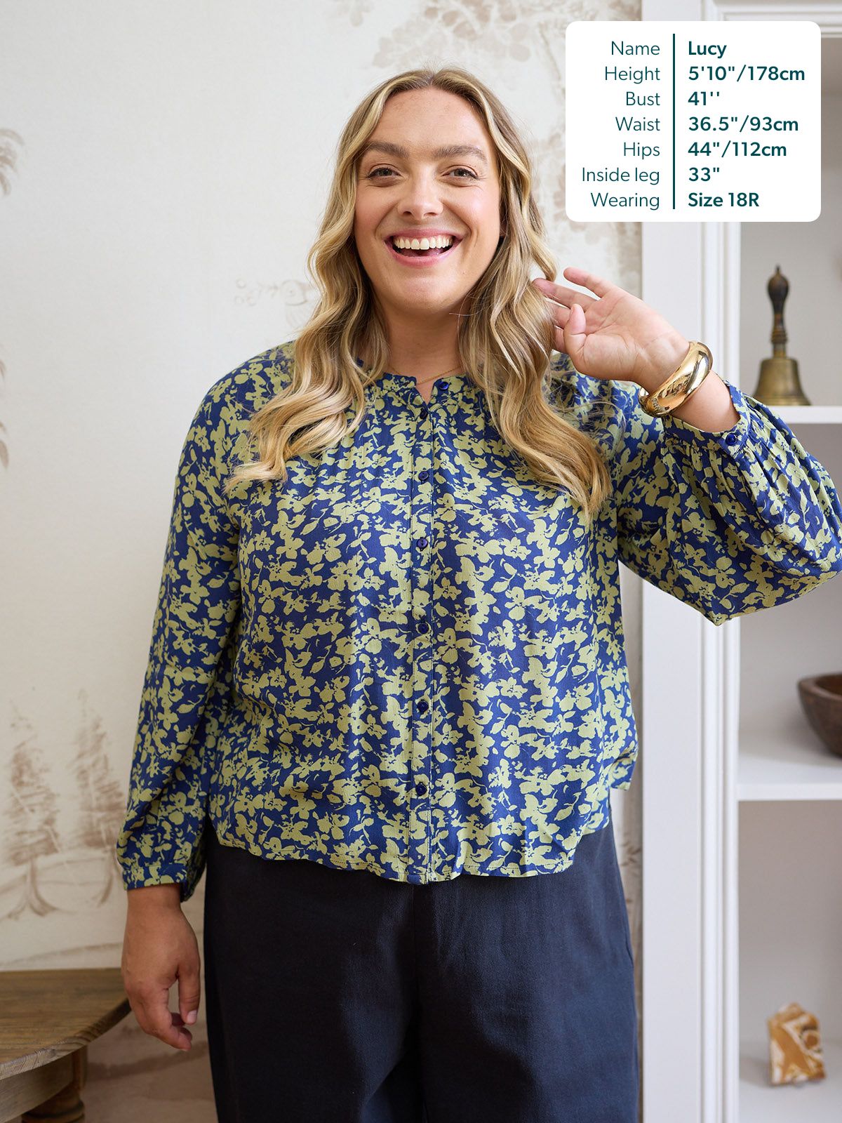 Niya Button Through Blouse - Navy & Green Leaf Print