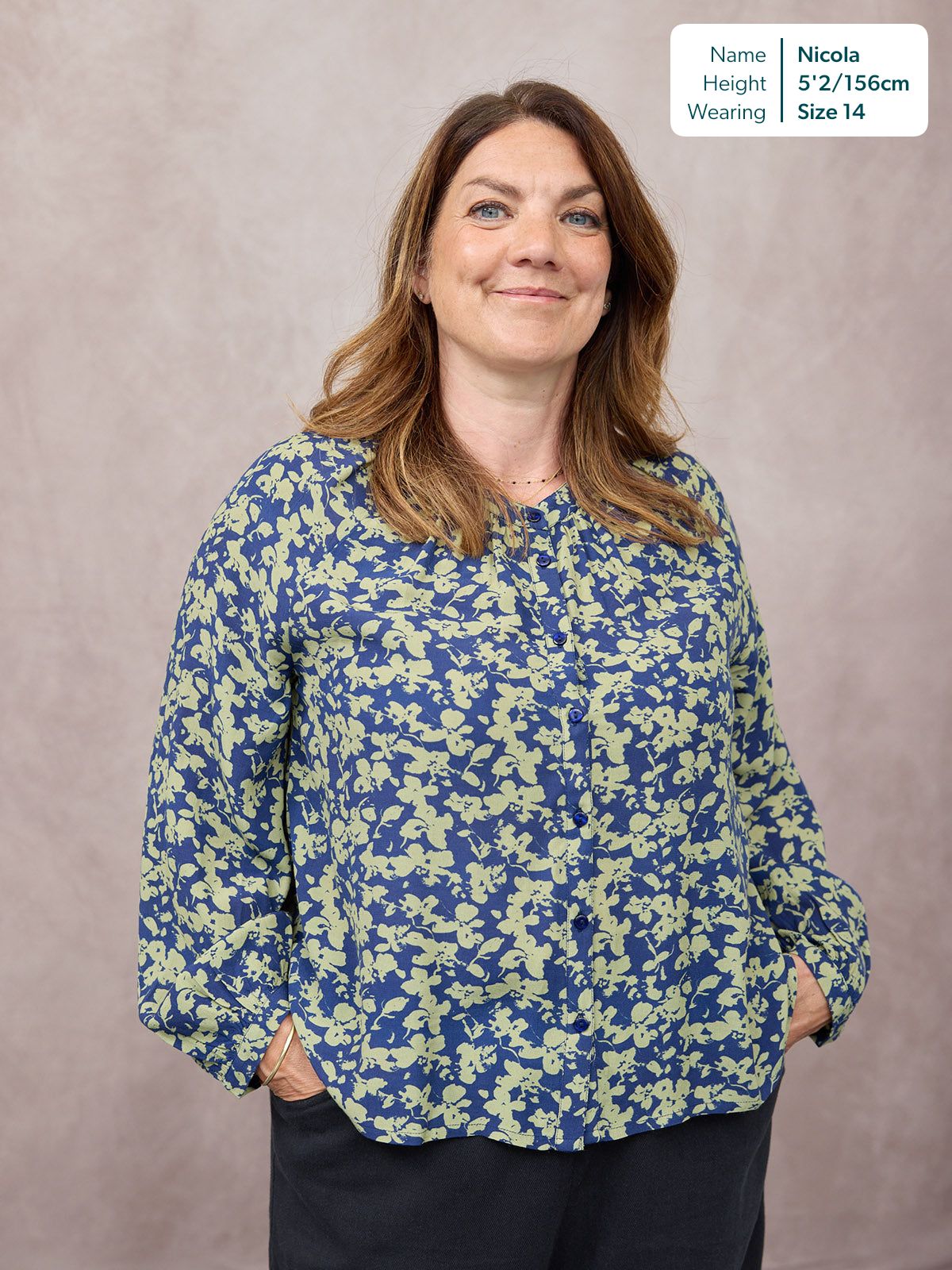 Niya Button Through Blouse - Navy & Green Leaf Print