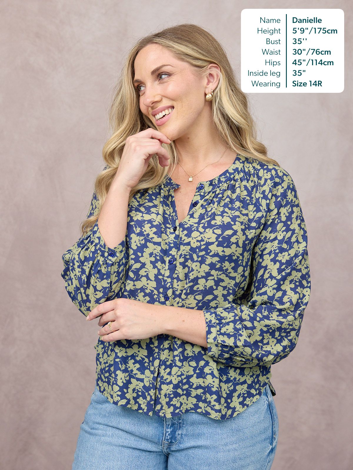 Niya Button Through Blouse - Navy & Green Leaf Print