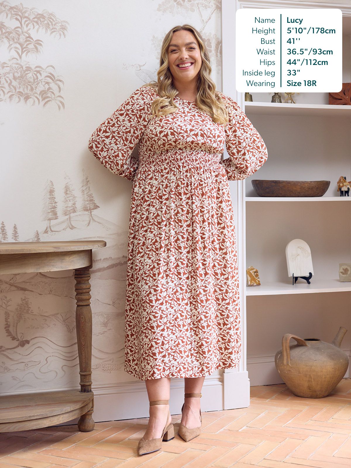 Vera Midi Dress - Terracotta & Ecru Floral Print