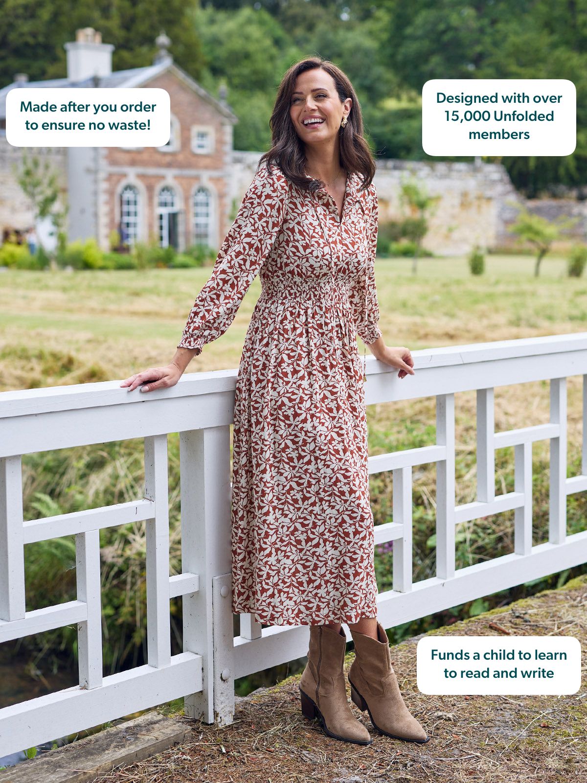 Vera Midi Dress - Terracotta & Ecru Floral Print
